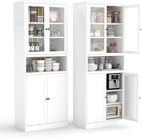 AQY Kitchen Pantry Cabinet,72 White Pantry Storage Cabinet with Adjustable Shelves and Glass Doors,Freestanding Cupboard,Metal Pantry Cabinets with Handle for Living Room Kitchen Assembly Required