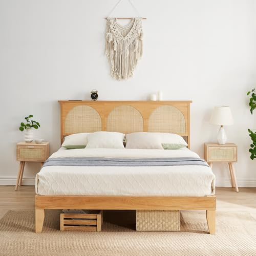 Queen Boho Rattan Bed Frame, Wooden Bed Platform with Storage, Smart RGB LED Natural Rattan Headboard, No Box Spring Needed, Under Bed Storage, Easy Assembly Solid Wood Foundation with Silent Slats