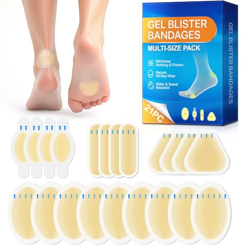 Hydrocolloid Gel Blister Bandages Pads, 21ct Hydrocolloid Waterproof Adhesive Bandages, for Heel, Toe & Foot - Blister Pads (Variety Pack)