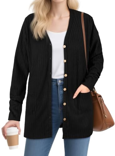 BSBUY Cardigan pour Femme avec Boutons et Poches Pratiques | à Manches Longues Col en V Ouver Décontracté Minces Coupe Ajustée Longue | Gilet Femme Chic et Elégant