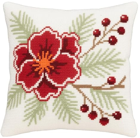 Henypt Kit de Almohadones con Cierre de Gancho flores rojas Kit De Cojines De Pestillo 43X43cm Funda de Cojín para Sofá, Latch Hook Manualidades Kits
