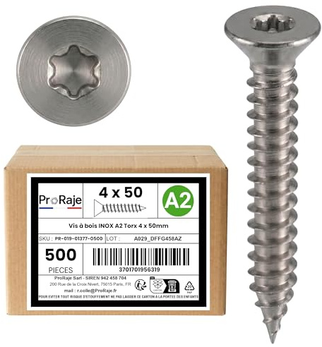 PRORAJE Vis à bois INOX A2 : 4x50 mm Tête fraisée TORX, LOT DE 500 Pcs | Filetage Total, Acier inoxydable A2 (V2A / AISI 304), Construction / aggloméré / terrasse, 4 x 50mm , 4x50mm, 4 x 50 mm