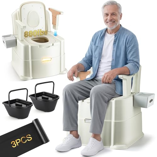 Hybodies 880 Lbs Heavy Duty Bedside Commode, 3-in-1 Portable Potty Chair for Elderly & Adults, Night Toilet with Motion Light, PU Padded Sofa Chair, 2 Heights, Buckets & Tissue Box