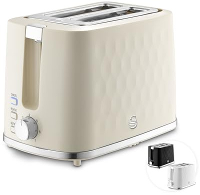 Swan Hexton Variable Width 2 Slice Toaster, 7 Browning Levels, Cancel/Reheat/Defrost, Removable Crumb Tray, Cord Storage, 900W, Cream with Chrome Accents, ST19037CRM