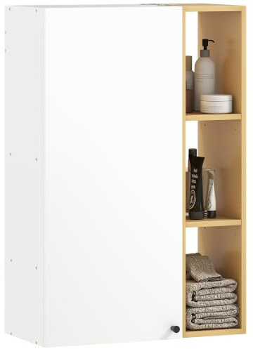 HOMCOM Mobile Bagno a Parete con Ante 59.5x30x90 cm Bianco e Color Legno | Soft Close, Pensile Bagno Sospeso, Armadietto con Ripiani Regolabili, 3 Mensole Aperte, per Soggiorno Salotto
