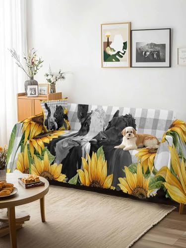 Sunflower Cows Sofa Cover Blanket Couch Covers for Armchair Cushion,Couch Sofa Silpcover with Tassel,Farmhouse Floral Watercolor Botanical Plaid Living Room Throw Towel Blanket Covers XX-L 71x150