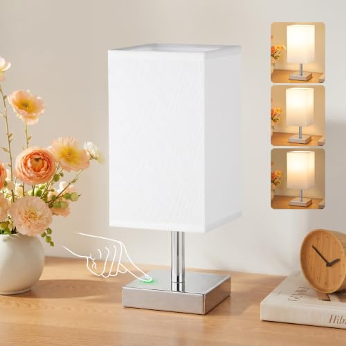 PreeOtti White Table Lamp for Bedroom, Small Bed Lamp with for Bedroom, Silver Base(Bulb Included)