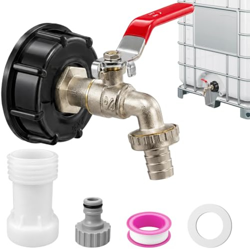 Auslaufhahn IBC Tank 1000l,Wasserhahn Garten 3/4 Zoll,1000 Liter Wassertank Zubehör mit S60x6 Verlängerung,IBC Adapter Kappe,Schlauchanschlüsse (STIL 1)