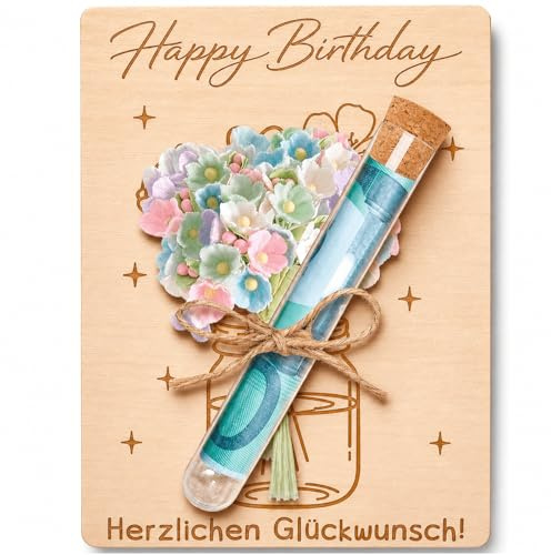 Holz - Geldgeschenke Geburtstag Mit Glasröhrchen & Kunstblumen | Geburtstagsgeschenk Für Frauen, Kreative Verpackung Geldgeschenke, Geldgeschenk Geburtstag, Holz-Karte Mit Blumen-Deko