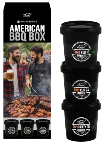 American BBQ Box Bembo – Set 3 Rub BBQ Premium per Chicken (100 g), Ribs (100 g) e Pork (100g) – Spezie Barbecue Americano per Pollo, Costine e Maiale – Kit BBQ per Griglia e Forno