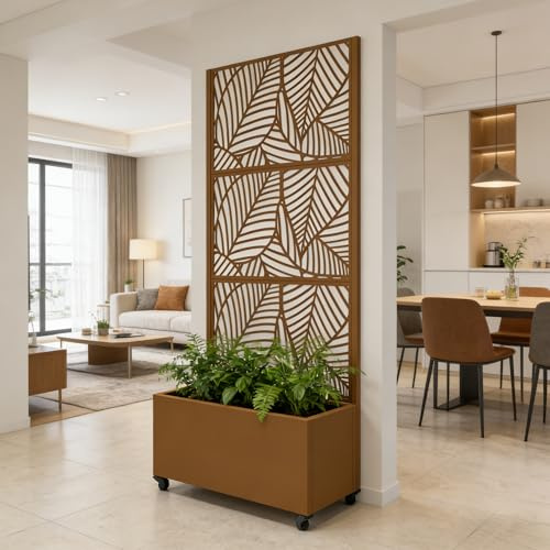 casa.pro Blumenkasten mit Sichtschutz Surnskoki Pflanzkübel mit Rankgitter Metall Pflanzkasten Balkon 190 hoch Outdoor Trennwand mit Rollen Garten 190 x 82 x 38 cm Braun