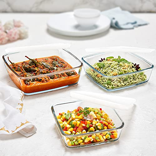 Borosil Glass Baking Dish Set with Lids, Square, Microwave & Oven Safe, 500ml + 800ml + 1.6L, Transparent