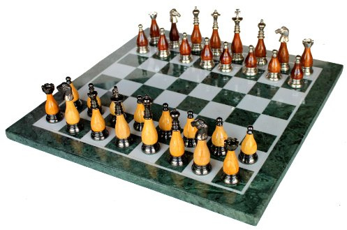 StonKraft Juego de mesa de ajedrez de mármol verde coleccionable de 15 x 15 pulgadas + piezas de madera de latón para 2 jugadores, a partir de 12 años