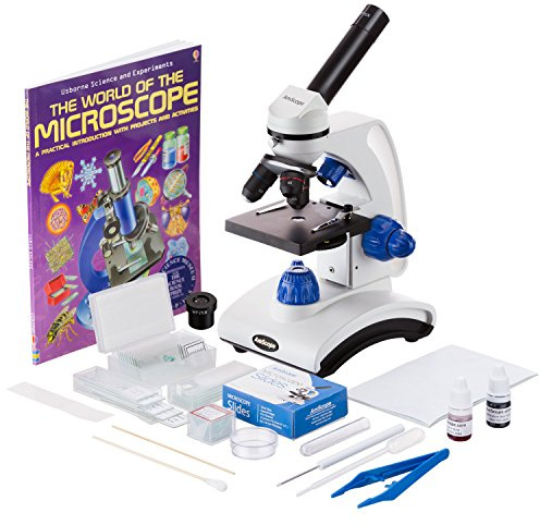 AmScope M162C-2L-PB10-WM-SP14-50P100S 40X-1000X Beginners Microscope Kit for Kids & Students w/Complete Science Accessory Kit + World of The Microscope Book