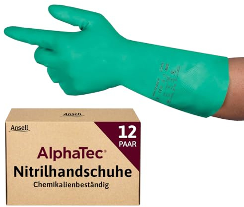 Ansell AlphaTec 37-675, Chemikalienschutzhandschuhe, Wasserdichte Sicherheitshandschuhe, Lebensmittel- und Reinigungshandschuhe, Latexfreie Schutzhandschuhe, Grüne Nitrilhandschuhe, 12 Paar, Gr. 2XL