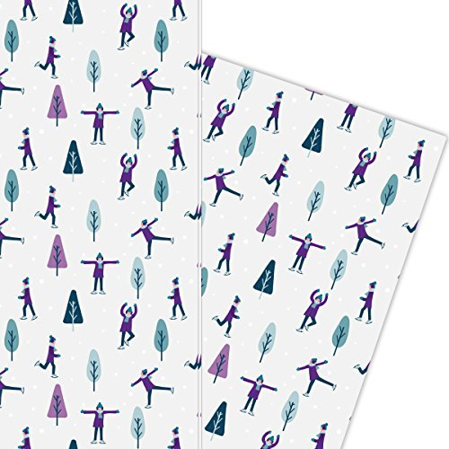 Kartenkaufrausch Süßes Winter Weihnachtspapier Set, Dekor Geschenkpapier mit Schlittschuhläufern Musterpapier, Designpapier zum Einpacken, basteln, 4 Bögen, 32 x 48cm, lila