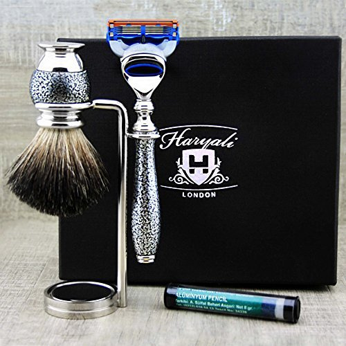 Set da barba da uomo: set da 3 pezzi > pennello nero puro di tasso, rasoio a 5 lame e doppio supporto cromato