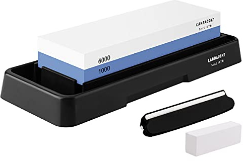 Knife Sharpening Stone Set,Whetstone Dual Sided 1000/6000 Grit Waterstone with Angle Guide Non Slip Rubber Base Holder, Knife Sharpeners Tool Kit for Kitchen Hunting (Blue + black)