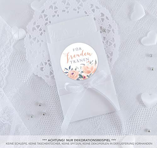Freuden Tränen Taschentücher Set zur Hochzeit Groß 48 Sticker BLÜTEN ROSEN PASTELL APRICOT GRAU BLAU + 48 weiße Flachbeutel 63 x 93 mm für Freudentränen Taschentuch Verpackungen Aufkleber