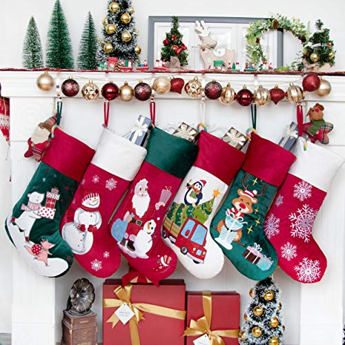 BHD BEAUTY Luxury Velvet Lovely Embroidery Pattern Set of 6 Christmas Stockings for Family Decorations Hanging Ornament for Xmas Holiday Party 21 inches White Bear Snowman Santa Penguin Elk Snowflake