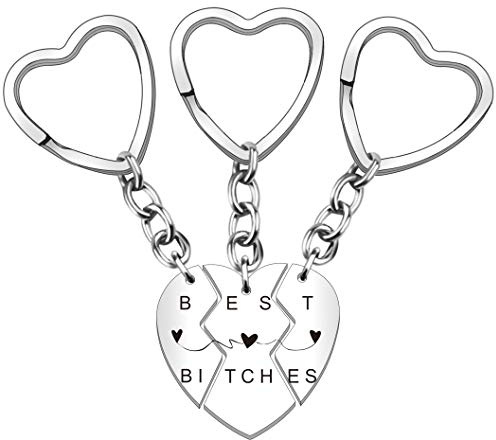 HULALA 3 PCS Best Friends Keyrings For Women Puzzle Heart Pendant Engraved Keychain Friendship Gifts For Leaving Long Distance (BEST BITCHES)