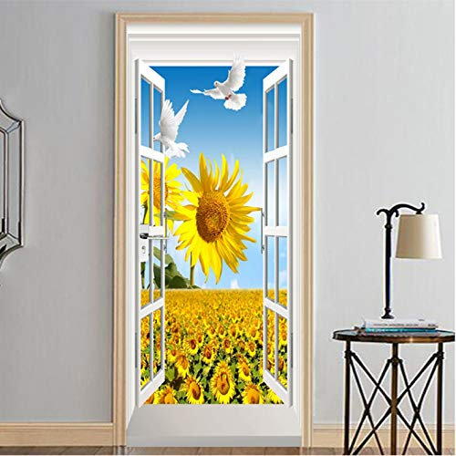 Türaufkleber 3D Wohnzimmer Stereo Fenster Sonnenblume Türtapete Wandbild Türfolie Türposter 95cm x 215cm