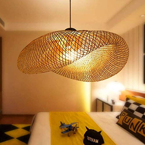 FUMIMID Retro Hängelampe Bambus Pendelleuchte E27 Holz Deckenleuchte Handgewebte Rattan Lampenschirm Runde Kronleuchter Wohnzimmer Schlafzimmer Büro Hängeleuchte Esstischlampe,100cm