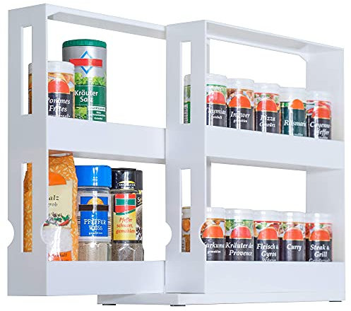 UPP Gewürzregal ausziehbar weiß l Drehbares Ordnungssystem für Gewürze und Medikamente I Platzsparendes Nischenregal aus Kunststoff I Ideal als Schrankeinsatz in Küche & Bad I 27.5x10,5x28cm