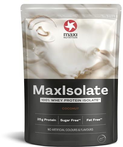 MaxiNutrition MaxIsolate 100% Whey Protein Isolat Kokos 1 kg, Proteinpulver mit 83% Eiweiß, zucker- & fettarm, ohne künstliche Aromen, für einen leckeren Protein-Shake mit echten Kokosraspeln