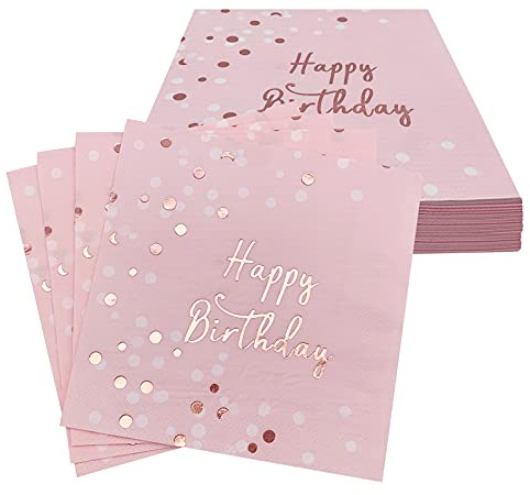 Audamp Lot de 32 serviettes d'anniversaire à 3 plis - Or rose - 33 x 33 cm - Serviettes en papier pour anniversaire de fille