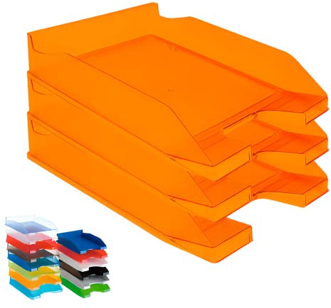 Bandejas de Oficina Apilables – Organizador Oficina para Folios – Organizador de Archivos Escritorio Transparente Naranja OFFICEPAPER Pack (3 Bandejas)