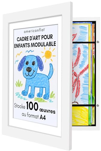 Americanflat Marco Dibujos Infantiles A4 en Blanco - Cuadro de Almacenamiento para Niños para 100 Unidades, Proyectos de Arte, Puzzles y Fotos - Madera de Ingeniería con Vidrio Resistente