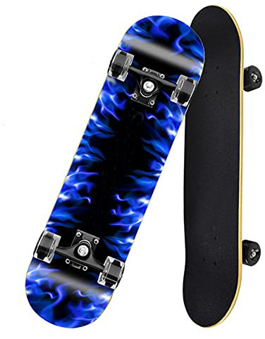 HSGAV Komplettes Skateboard 31x 8, 7 Lagen Maple Decks Skate Board Double Tilt Concave Longboards für Anfänger Erwachsene Frauen Männer Männer Teenager Mädchen Jungen Kinder,Blue Flame