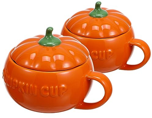 YARNOW Set 2 Tazze Di Ceramica a Forma Di Zucca Per Halloween Con Coperchi Tazza Di Caffè E Latte 5.3Oz Design Creativo Per Colazione E Bevande Autunnali