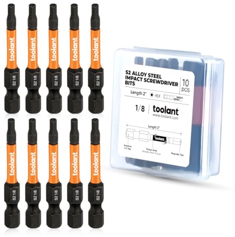 Toolant 1/8 Impact Allen Wrench Drill Bit Set, 10pcs, 1/4 Hex-Shank S2 Steel Hex Bits, CNC Machined Tips with Magnetism, 2 Long with Storage Box
