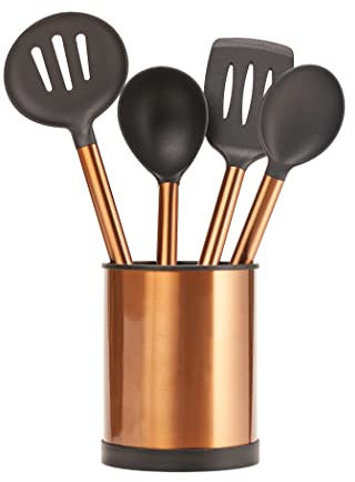 Servappetit 5 Pc Cooking Utensil Set - Slotted Spatula, Oval Spoon, Round Spoon with Holder - Heat Resistant, Non-Stick - Copper