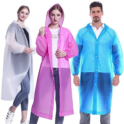 HIQE-FL 3 Stück Regenponcho Wiederverwendbar,Wasserdicht Regenjacken für Festivals,Regenponcho mit Kapuze,Regenjacke Regenponcho mit Kaputze,Tragbarer Festival Regencape,Atmungsaktiv EVA Regenjacke