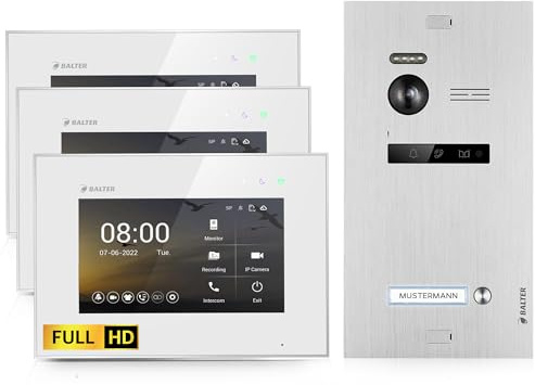 Balter EVO-HD Video Türsprechanlage, Video Türklingel, Smartphone App, 1 Familienhaus Klingel, 4X 7 Zoll HD-Monitore, Full HD-Kamera, 2 Draht Bus, Gegensprechanlage mit 175° Weitwinkel