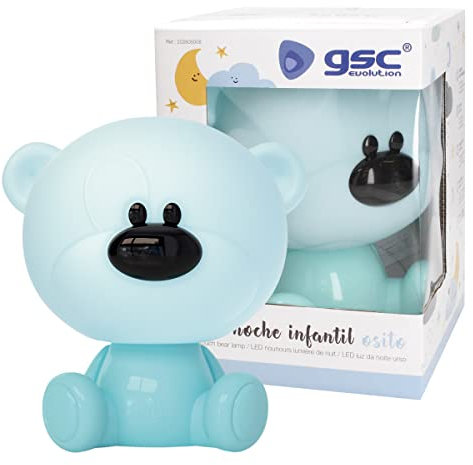 gsc evolution - Luz nocturna infantil LED Osito con intensidad regulable, Azul, Lámpara de mesa, lámpara portátil y decoración para habitación Regalo para niños