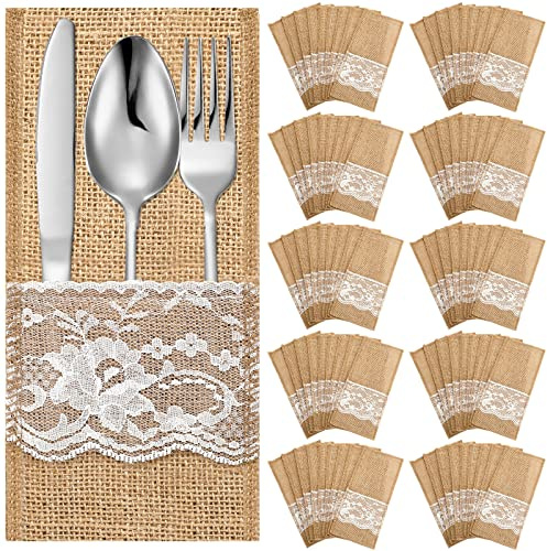 Windyun 100 Stück 10,4 x 22,9 cm Hochzeit Natürliche Jute-Geschirrhalter Leinen Spitze Besteckhalter Jute-Bestecktasche Rustikaler Besteckhalter Tasche für Brautdusche Abendessen Party Dekorationen