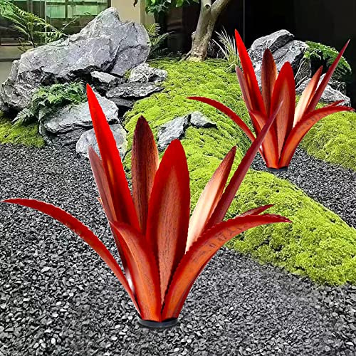 Lot de 2 agaves épaisses en métal résistant au vent - Décoration extérieure - 12 feuilles rouges