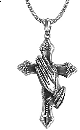 KnSam Edelstahl Kette Herren mit Anhänger Betende Hände Kreuz, Herren Ketten Retro Halskette Panzerkette für Männer Geschenk Schmuck, Silber, 60cm
