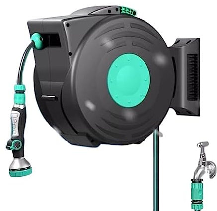 Schlauchtrommel Gartenschlauchtrommel zur Wandmontage, 25 m/82 Fuß, 1/2 Zoll automatisch einziehbarer Schlauch, wandmontiert auf Trommel, tragbar, 180° drehbar, 8-in-1-Strahl oder Spray GartenSchlauch