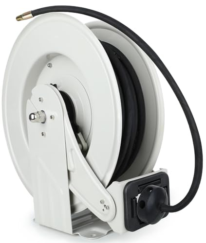 Oil Hose Reel, 1/4 inch x 50 ft Retractable Fuel Hose Reel, Adjustable Support Arm and Pipe Gripper Spring Driven Heavy Duty Industrial Reel for Grease, Hydraulic Oil