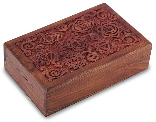 Ajuny Handgeschnitzte Dekorative Schmuck Aufbewahrungsbox aus Holz 7 Chakra Design Mehrzweck Schatztruhe Andenken Organizer Halsketten Uhrenboxen Geschenke 8x5 Zoll