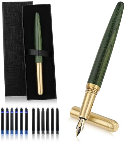 cobee Handcrafted Wooden Fountain Pens Set, Vintage Luxury Wood Fountain Pen 0.5mm Fine Point Smooth Writing Pen With 12 Ink 2.6 mm Cartridges and Gift Box for Journaling Calligraphy Supplies(D)