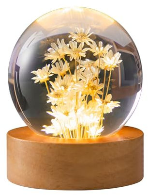 luolety Veilleuse boule de cristal de fleur, lampe boule de verre de 6 cm avec bois avec base de lumière LED, lampe de nuit de spécimen de fleur de chargement USB avec support (marguerite jaune)