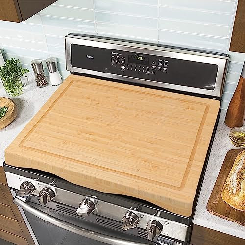 YUHFERA Bamboo Stove Top Covers/Cutting Board for Electric or Gas Stove Burners,Wood Stove top Cover or Sink Cover in Small Kitchen,Adjustable Cover Height for RV Stove - 75x54cm