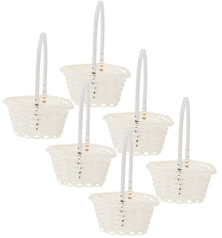 Warmhm Woven Flower Basket with Handle 6pcs Set Oval White Rattan Handmade Storage Basket for Flower Girls Wedding Party Accessories