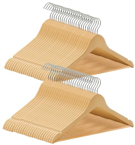ABHENG Kleiderbügel Holz 50 Stück, Holzbügel mit Rutschfester Hosensteg und 360° drehbarer Haken, Einkerbungen im Schulterbereich, Hergestellt aus Naturholz, 44,5B x 23H cm, Naturfarben,AWY0350N